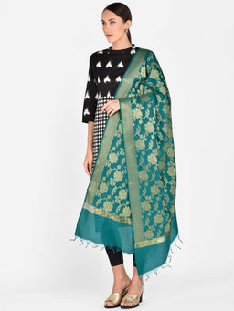 Dupatta Bazaar - Women's Floral Teal Green Banarasi Silk Dupatta