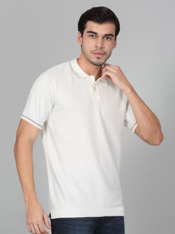 Cantabil - Mens Solid Off-White Half Sleeve Polo Neck Casual T-Shirt