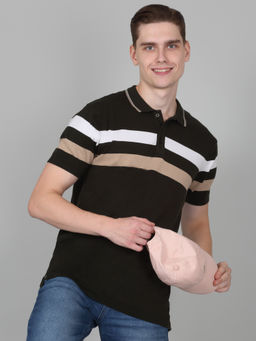 Cantabil - Mens Striped Green Half Sleeve Polo Neck Casual T-Shirt