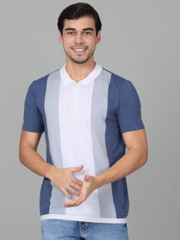 Cantabil - Mens Striped Blue Half Sleeve Polo Neck Casual T-Shirt