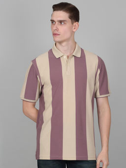 Cantabil - Mens Striped Beige Half Sleeve Polo Neck Casual T-Shirt