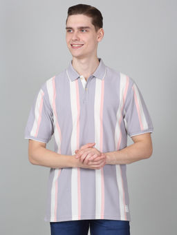 Cantabil - Mens Striped Purple Half Sleeve Polo Neck Casual T-Shirt