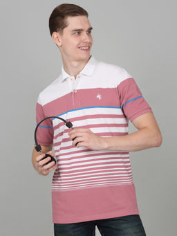 Cantabil - Mens Striped Pink Half Sleeve Polo Neck Casual T-Shirt
