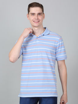 Cantabil - Mens Striped Blue Half Sleeve Polo Neck Casual T-Shirt