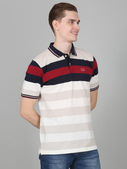 Cantabil - Mens Striped Navy Blue Half Sleeve Polo Neck Casual T-Shirt