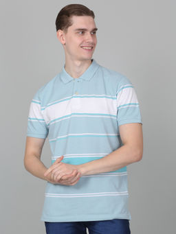 Cantabil - Mens Striped Sky Blue Half Sleeve Polo Neck Casual T-Shirt