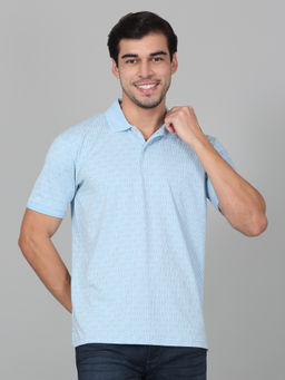Cantabil - Mens Printed Sky Blue Half Sleeve Polo Neck Casual T-Shirt