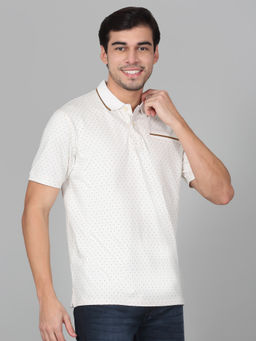 Cantabil - Mens Printed White Half Sleeve Polo Neck Casual T-Shirt