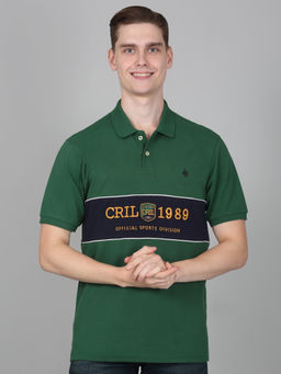 Cantabil - Mens Self Design Green Half Sleeve Polo Neck Casual T-Shirt