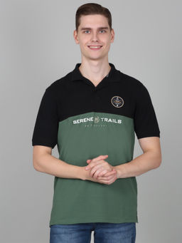 Cantabil - Mens Self Design Sage-Green Half Sleeve Polo Neck Casual T-Shirt