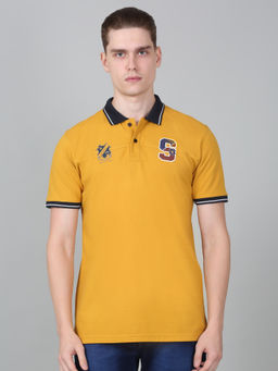 Cantabil - Mens Printed Mustard Half Sleeve Polo Neck Casual T-Shirt