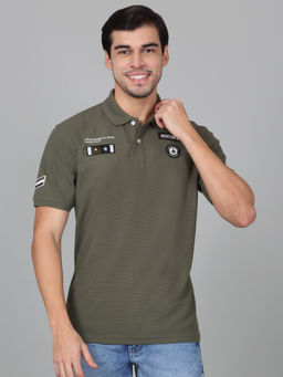 Cantabil - Mens Embroidered Green Half Sleeve Polo Neck Casual T-Shirt