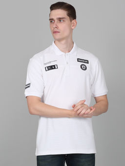 Cantabil - Mens Embroidered White Half Sleeve Polo Neck Casual T-Shirt