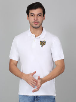 Cantabil - Mens Embroidered White Half Sleeve Polo Neck Casual T-Shirt