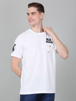 Cantabil - Mens Printed White Half Sleeve Round Neck Casual T-Shirt