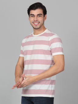 Cantabil - Mens Striped Pink Half Sleeve Round Neck Casual T-Shirt
