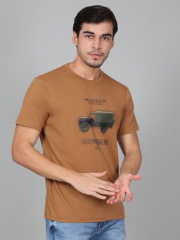 Cantabil - Mens Printed Khaki Half Sleeve Round Neck Casual T-Shirt