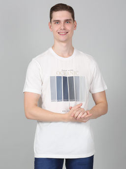 Cantabil - Mens Printed White Half Sleeve Round Neck Casual T-Shirt