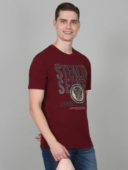 Cantabil - Mens Printed Maroon Half Sleeve Round Neck Casual T-Shirt