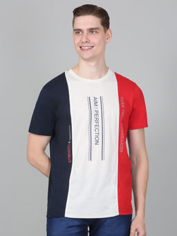 Cantabil - Mens Color Block Red Half Sleeve Round Neck Casual T-Shirt