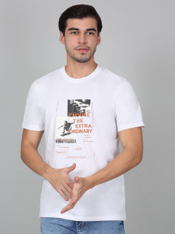 Cantabil - Mens Printed White Half Sleeve Round Neck Casual T-Shirt