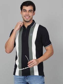 Cantabil - Mens Colorblock Navy Blue Half Sleeve Polo Neck Casual T-Shirt