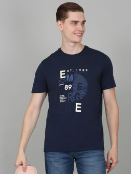 Cantabil - Mens Printed Blue Half Sleeve Round Neck Casual T-Shirt