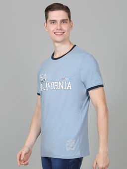 Cantabil - Mens Printed Blue Half Sleeve Round Neck Casual T-Shirt