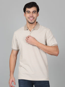 Cantabil - Mens Striped Beige Half Sleeve Polo Neck Casual T-Shirt