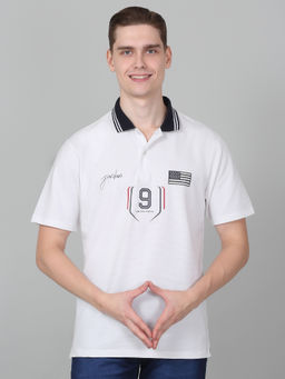 Cantabil - Mens Printed White Half Sleeve Polo Neck Casual T-Shirt
