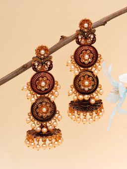 Karatcart - Gold Plated Antique Floral Design Maroon Drop Earrings for Women