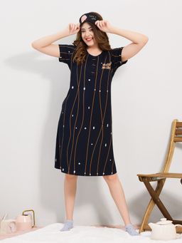 Quira - Navy Blue Women Cotton Half Sleeves Printed Nightdress