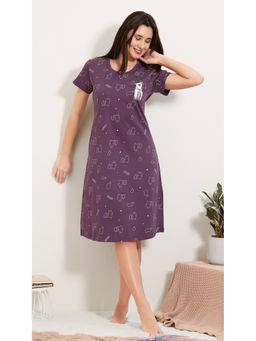 Quira - Purple Women Cotton Half Sleeves Printed Nightdress