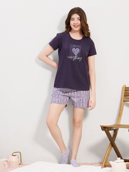 Quira - Purple Women Cotton Half Sleeves Printed T-shirt and Shorts