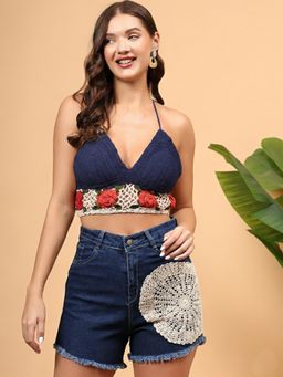 Velvery - Crochet Rose Detailed Bralette - Blue