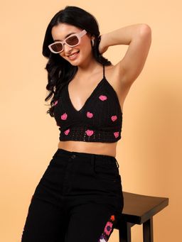 Velvery - Crochet Heart Applique Bralette - Black