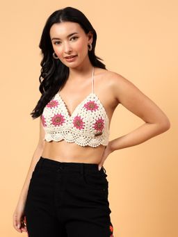 Velvery - Crochet Floral Design Bralette -White