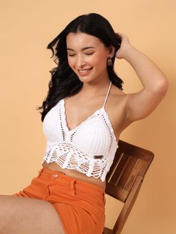Velvery - Crochet Tassel Fringe Detailed Bralette - White