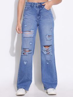 SHOWOFF - Womens Solid Blue Wide Leg Jeans