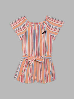 Blue Giraffe - Girls Multi-Color Cotton Linen Round Neck Playsuit with Belt
