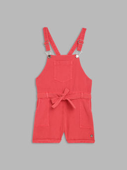 Blue Giraffe - Girls Red Pure Cotton Shoulder Straps Playsuit with Belt