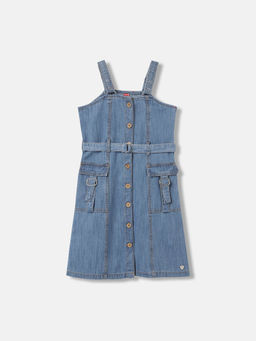 Blue Giraffe - Girls Blue Pure Cotton Shoulder Straps Dress with Belt