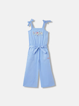 Blue Giraffe - Girls Blue Pure Cotton Square Neck Jumpsuit with Belt
