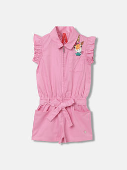 Blue Giraffe - Girls Pink Pure Cotton Collar Neck Playsuit with Belt