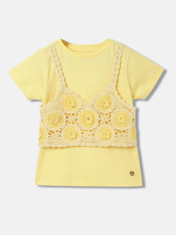 Blue Giraffe - Girls Yellow Pure Cotton Round Neck T-shirt