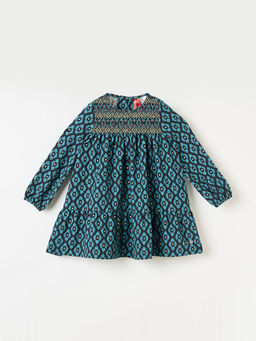 Blue Giraffe - Girls Green Pure Cotton Round Neck Dress