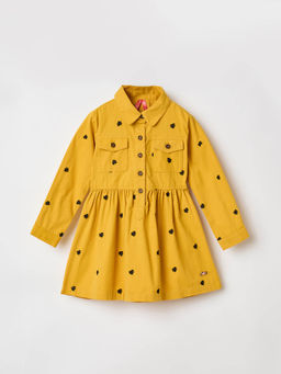 Blue Giraffe - Girls Yellow Pure Cotton Collar Neck Dress