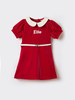 ELLE - Girls Red Polyester Collar Neck Dress with Belt