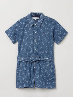 Tommy Hilfiger - Girls Blue Cotton Collar Neck Playsuit with Belt