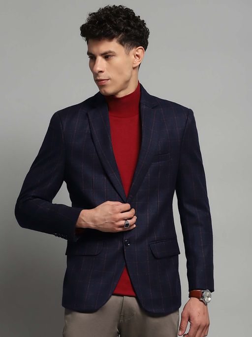 Monte Carlo Navy Blue Checks Regular Blazer